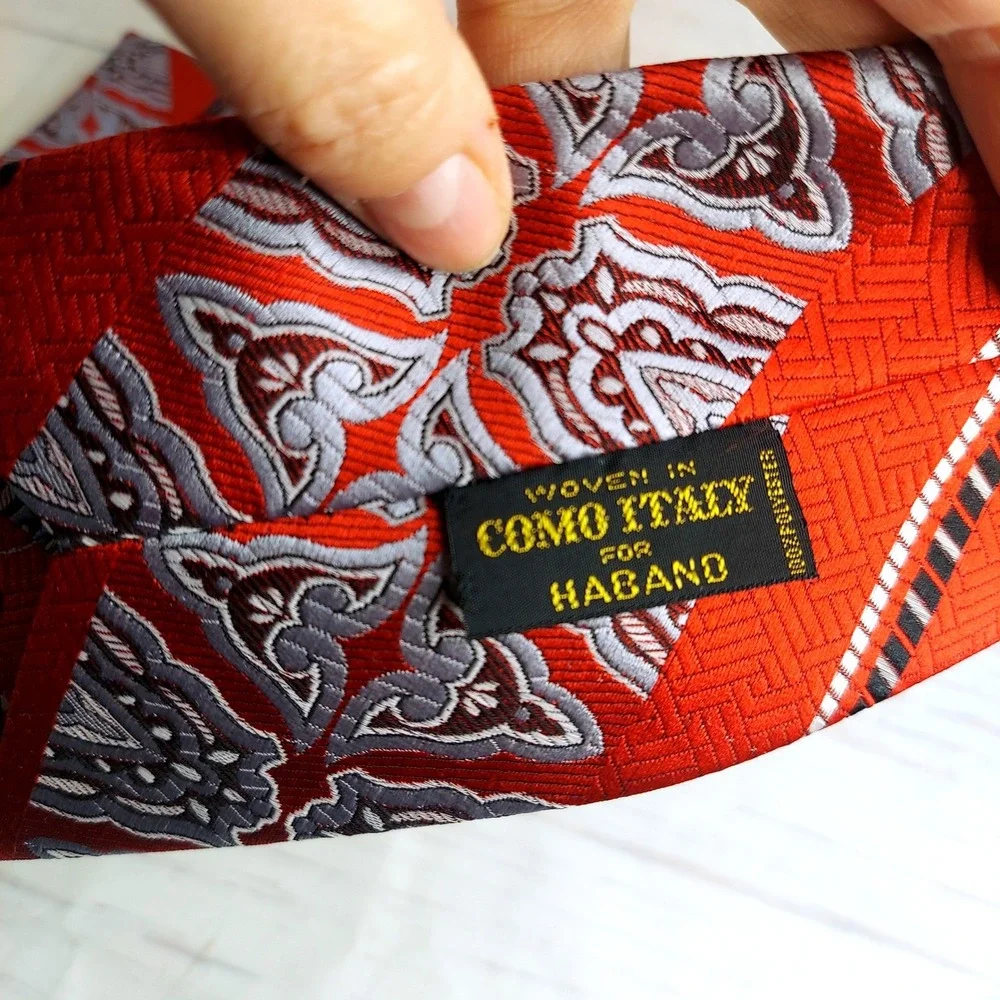 Haband Como‎ Italy Necktie Woven Red Grey Pattern Silk Polyester Men's